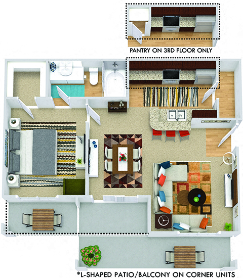 Floor plan for 1 bed, 1 bath, 711 sqft